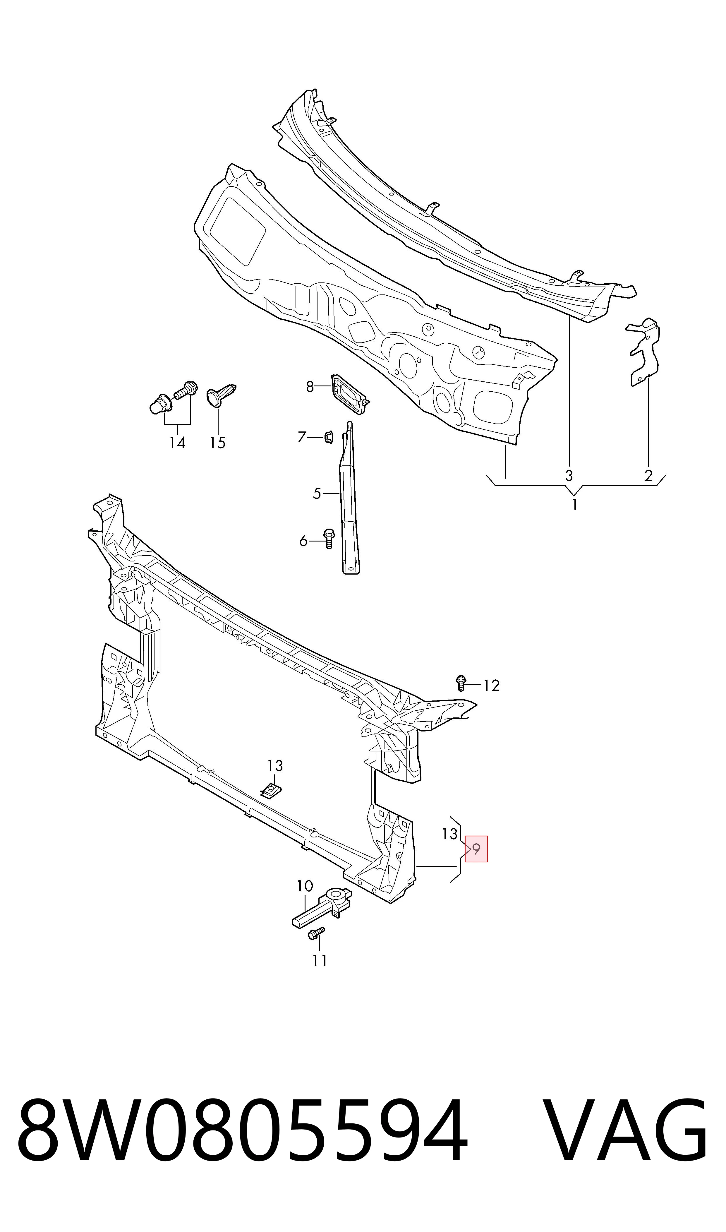 Osłona chłodnicy kompletna (panel mocowania reflektorów) Audi A4 B9 sedana (8W2, 8WC) (2015 - 2026) cena, od 112,12 USD