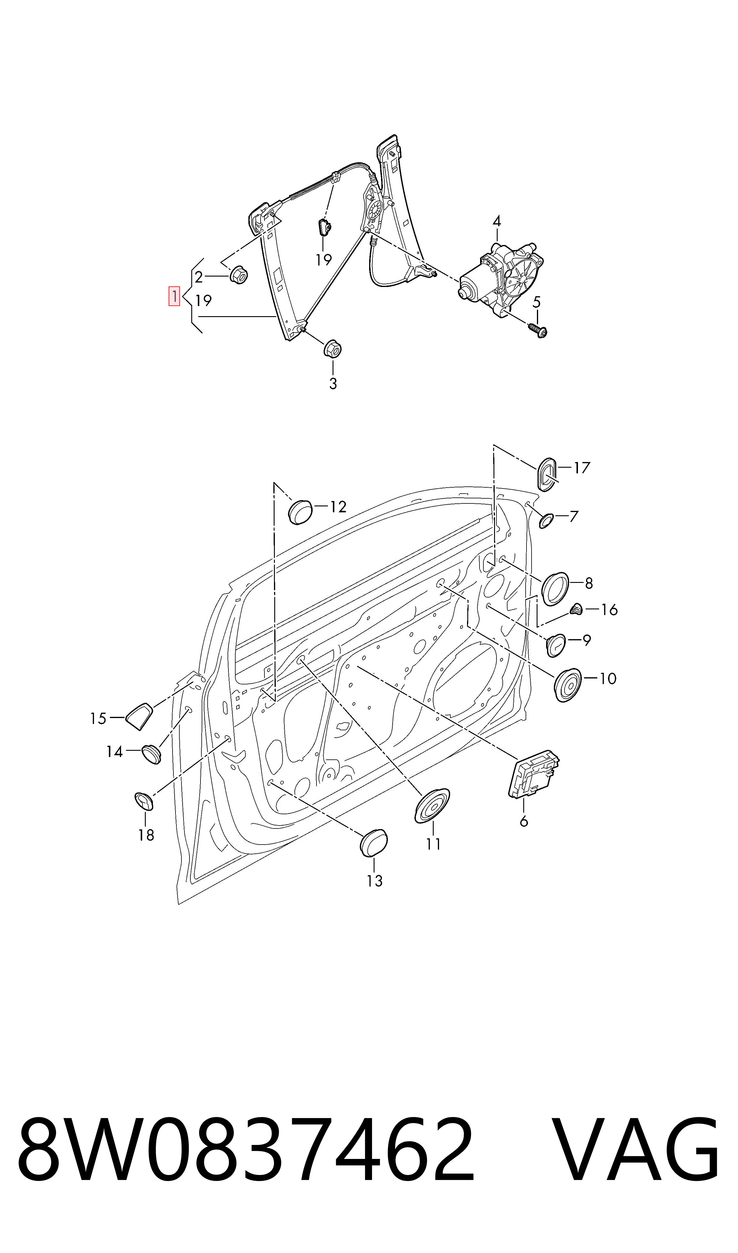 Do koszyka Mechanizm podnoszenia szyby drzwi przednich prawych Audi A4 B9 8W2, 8WC