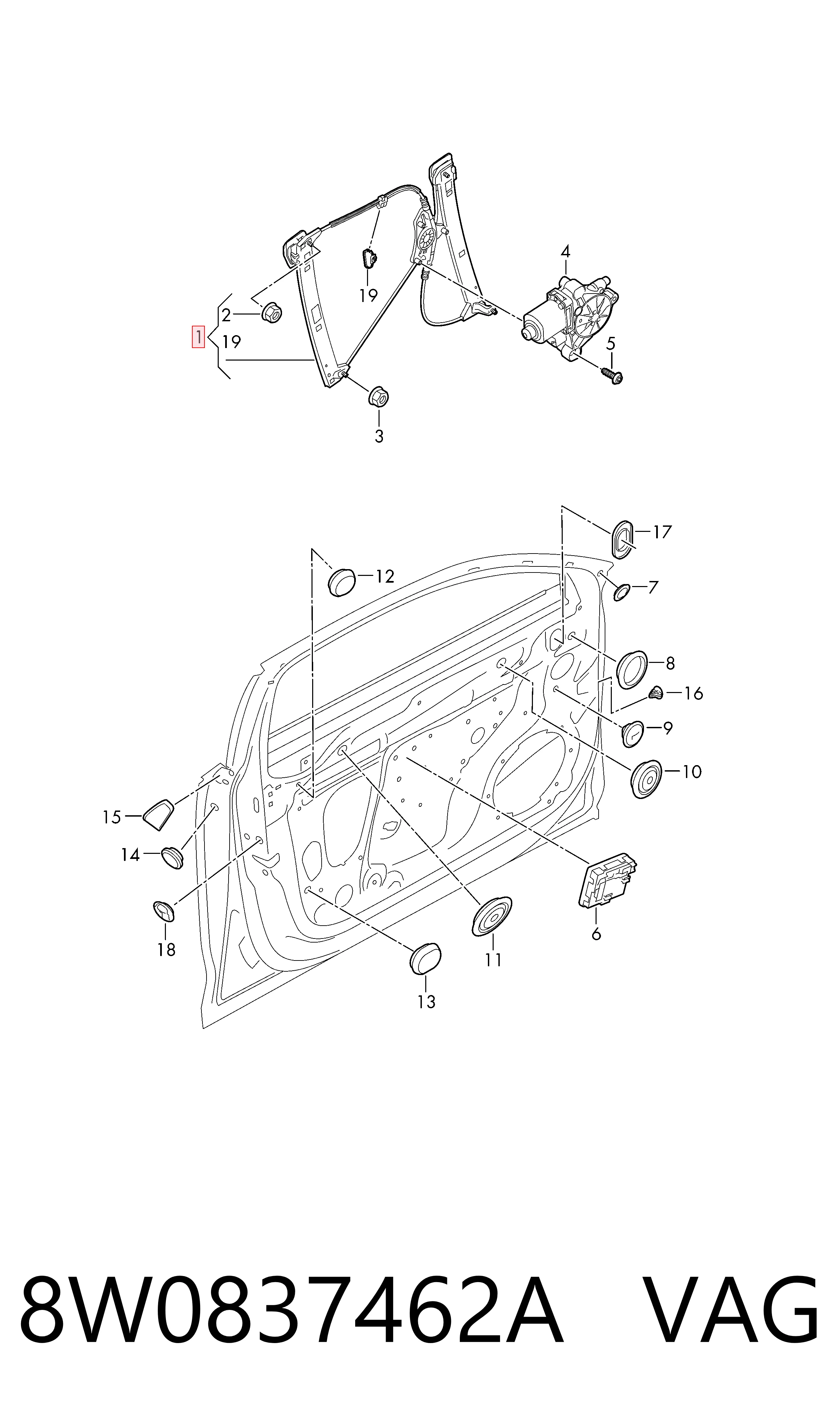 8W0837462A VAG Mechanizm podnoszenia szyby drzwi przednich prawych