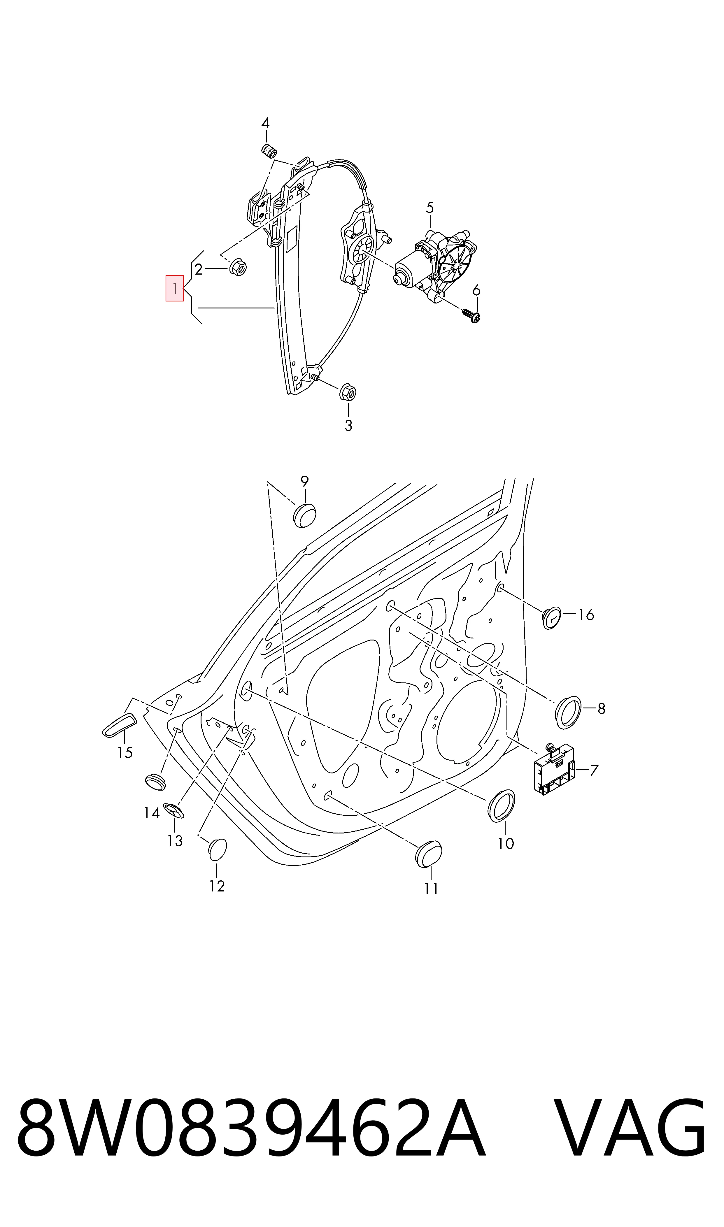 8W0839462A VAG Mechanizm podnoszenia szyby drzwi tylnych prawych