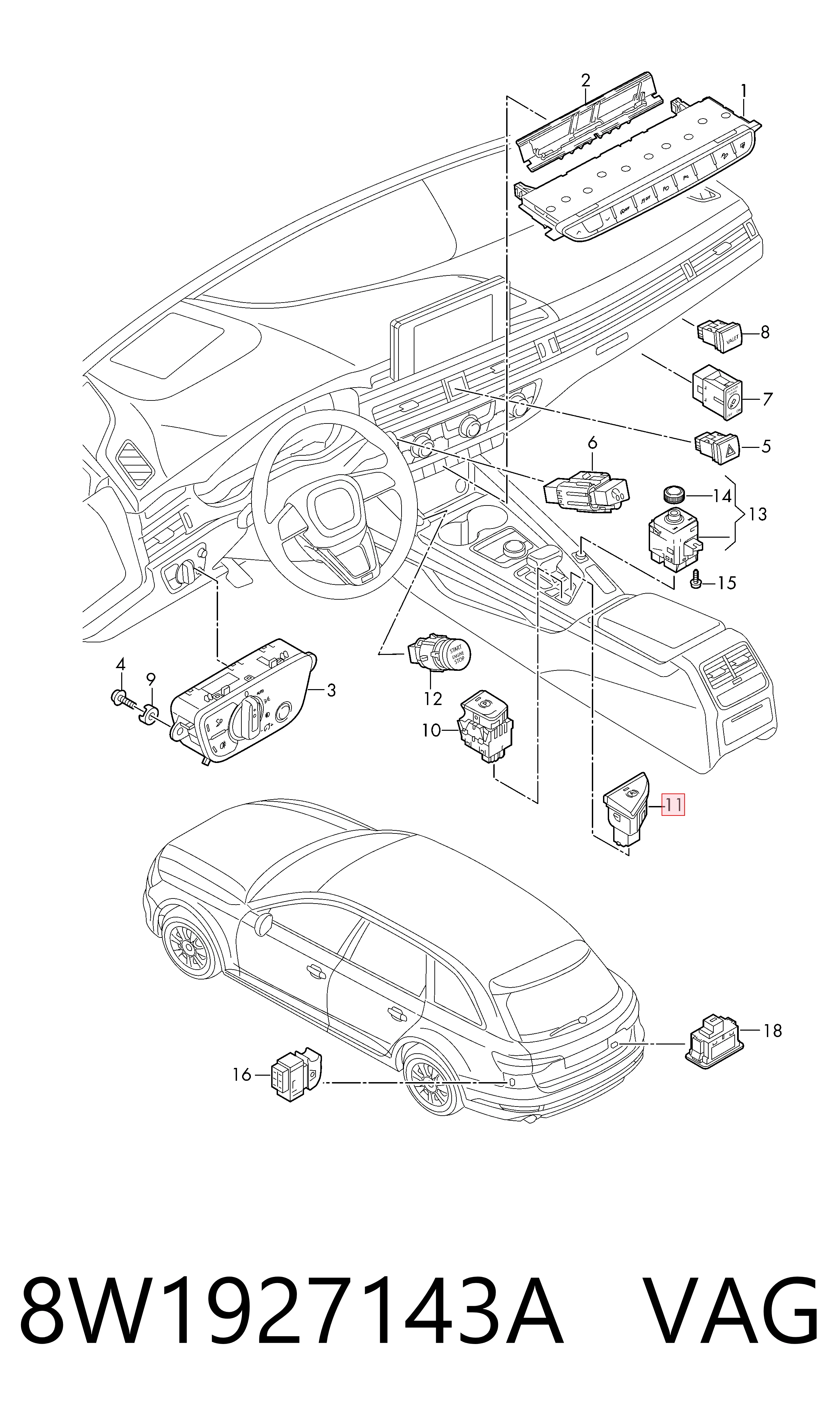 Przycisk elektromechanicznego hamulca postojowego (ręcznego) VAG 8W1927143A cena, od 62,99 USD