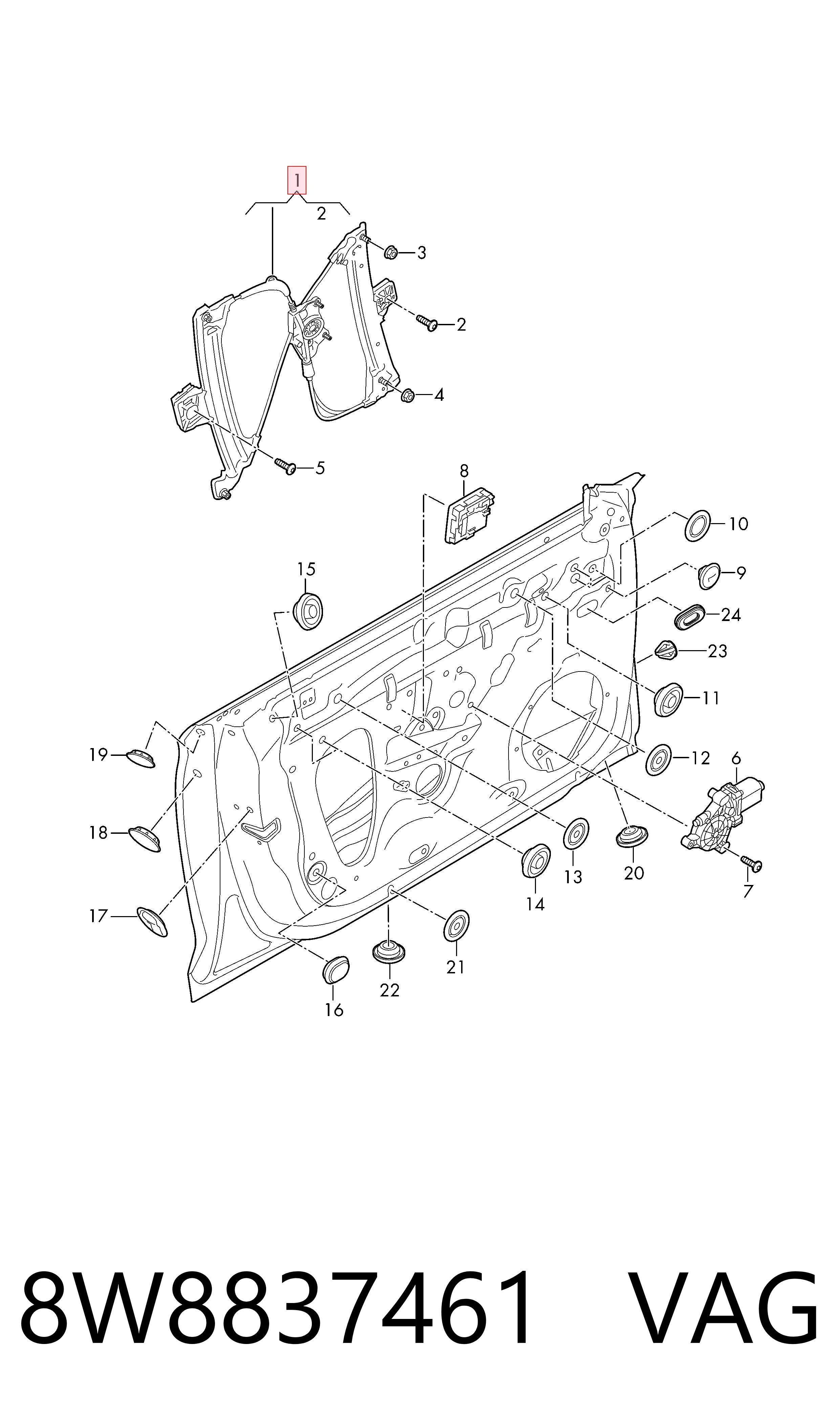 8W8837461 VAG Mechanizm podnoszenia szyby drzwi przednich lewych