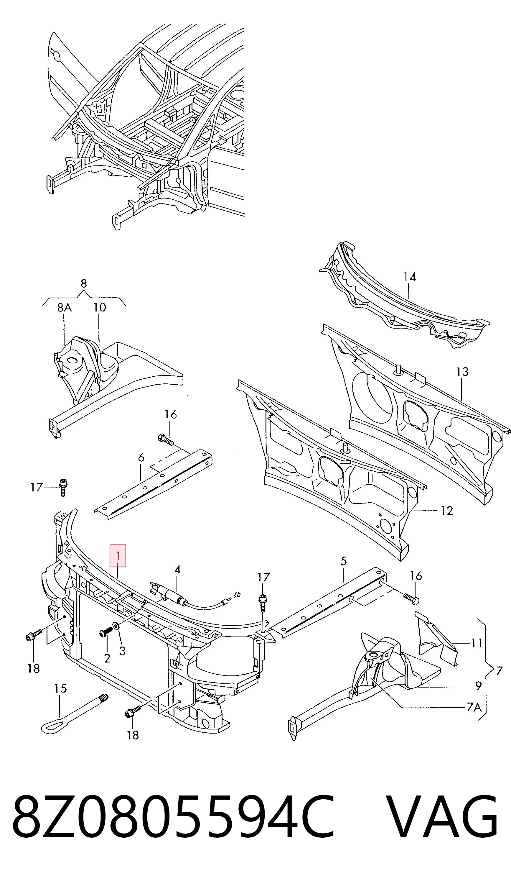 Osłona chłodnicy kompletna (panel mocowania reflektorów) do Audi A2  8Z0