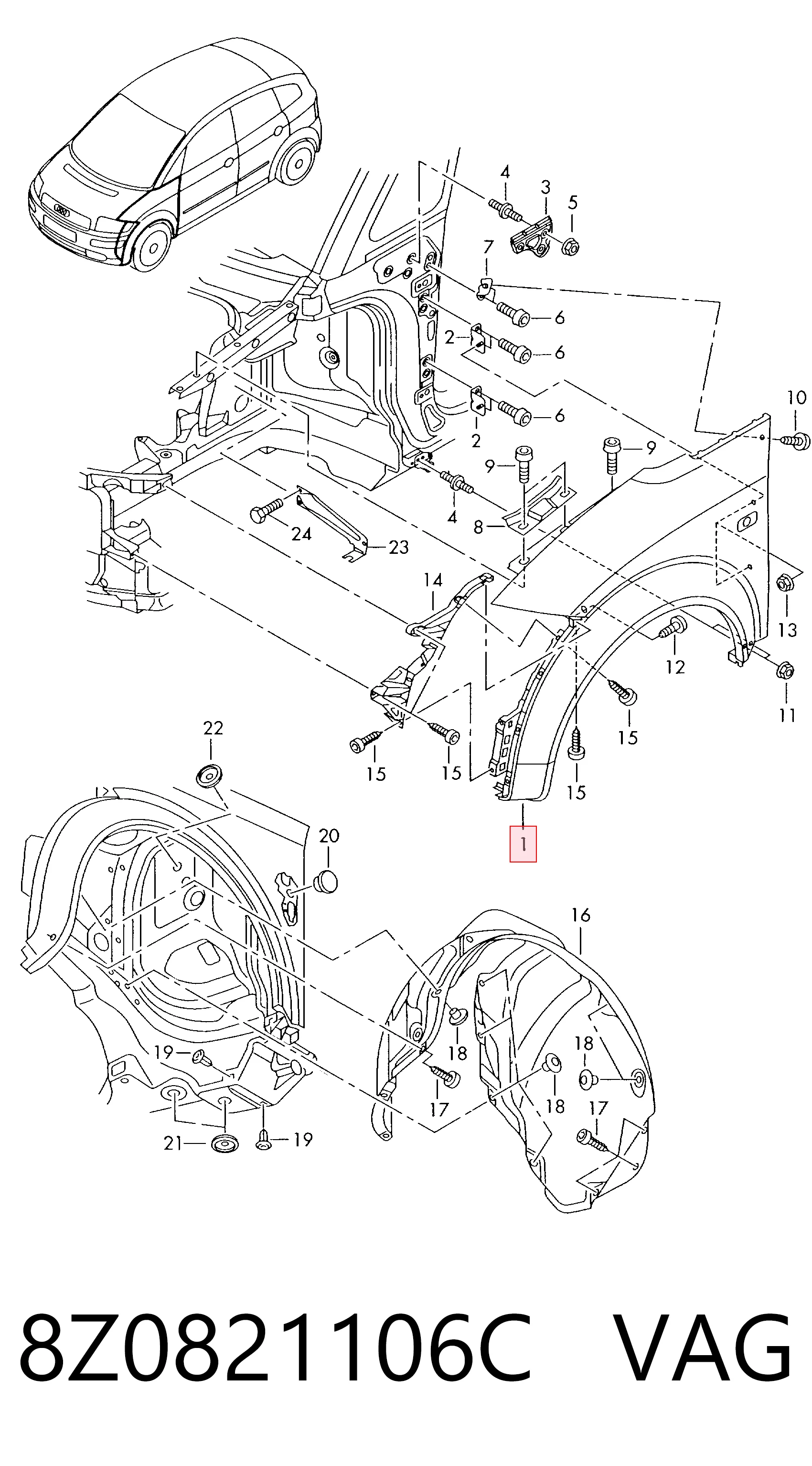 Błotnik przedni prawy do Audi A2  8Z0
