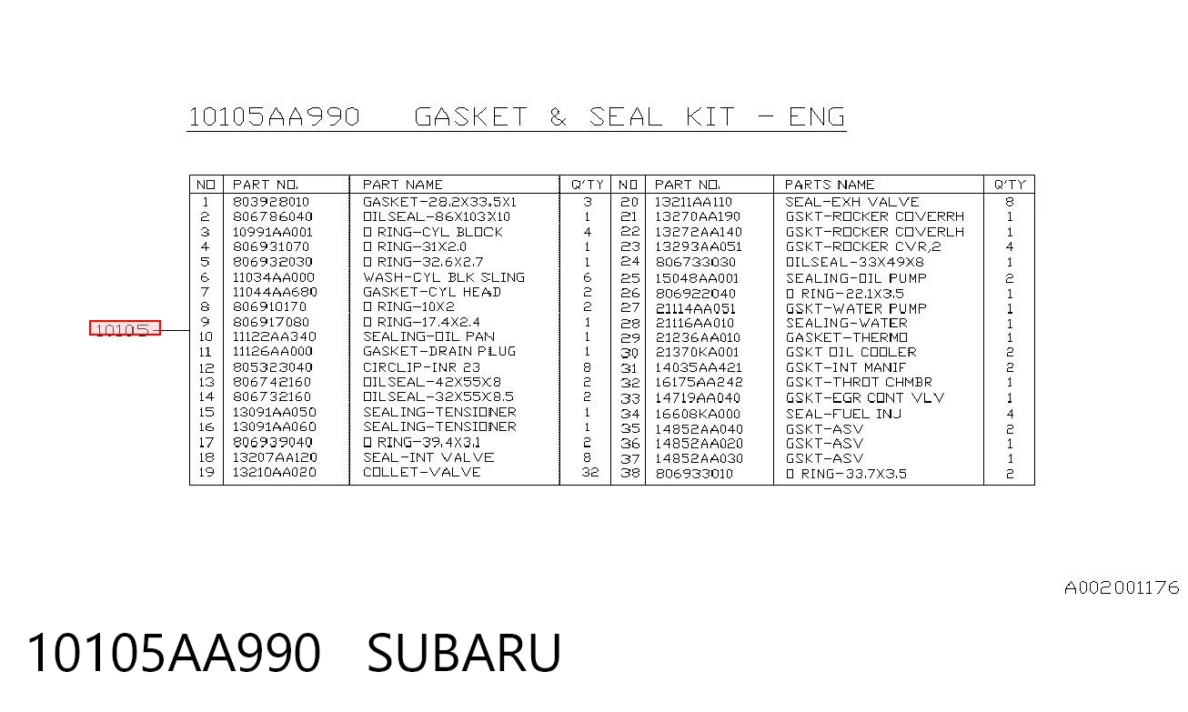 10105AA990 Subaru Zestaw uszczelek silnika pełny