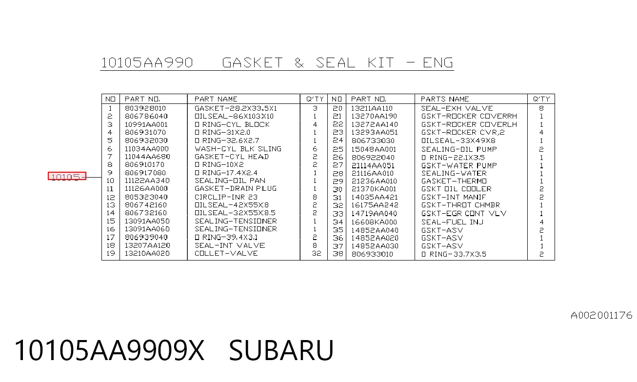10105AA9909X Subaru Zestaw uszczelek silnika pełny