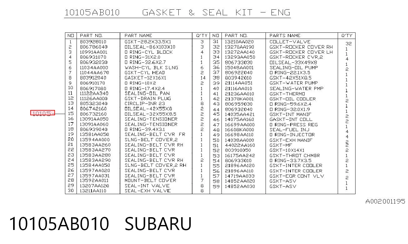 10105AB010 Subaru Zestaw uszczelek silnika pełny