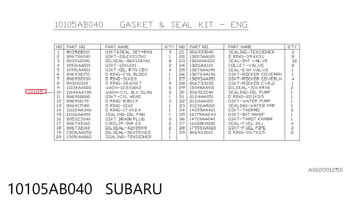 10105AB040 Subaru Zestaw uszczelek silnika pełny