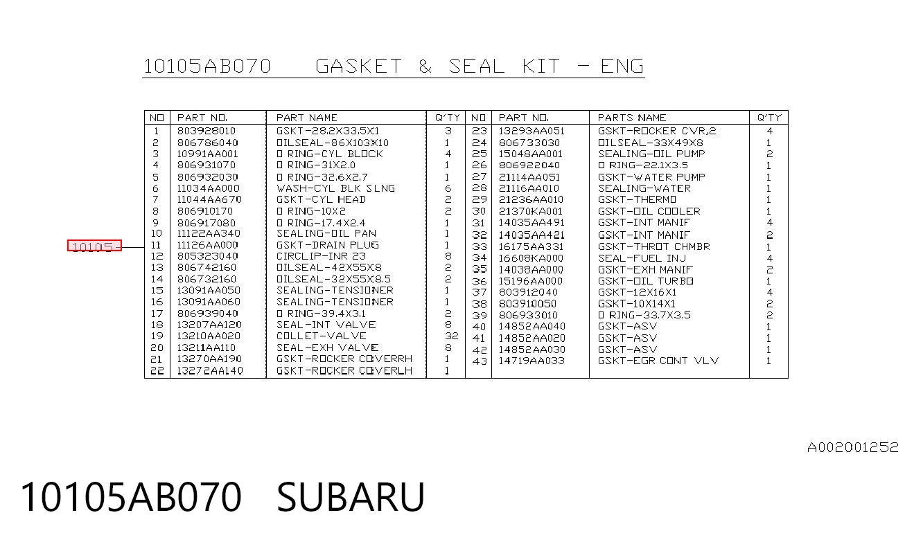 10105AB070 Subaru Zestaw uszczelek silnika pełny