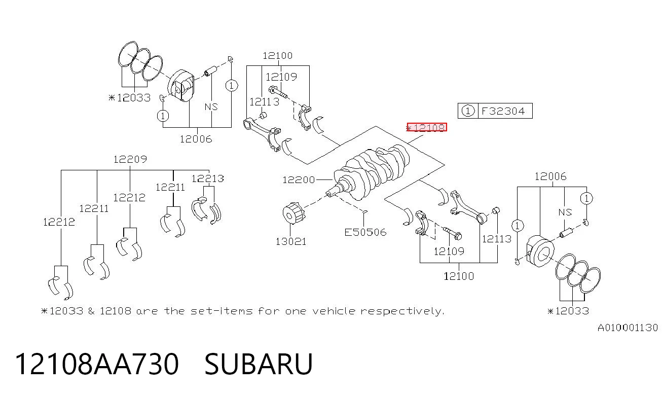 12108AA730 Subaru Panewki korbowodowe wału korbowego, zestaw, standardowe (STD)