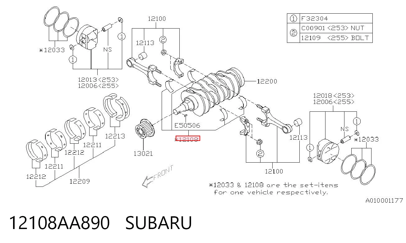 12108AA890 Subaru Panewki korbowodowe wału korbowego, zestaw, standardowe (STD)