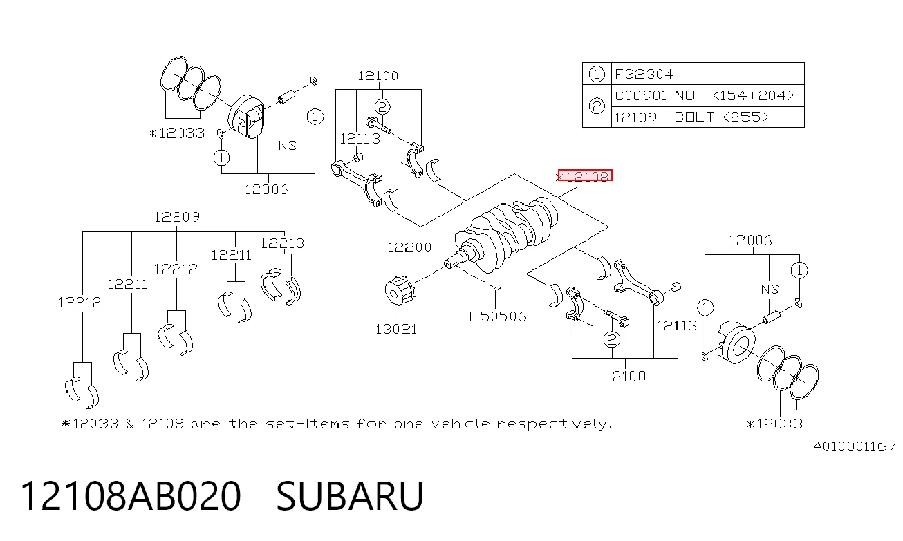 12108AB020 Subaru Panewki korbowodowe wału korbowego, zestaw, standardowe (STD)