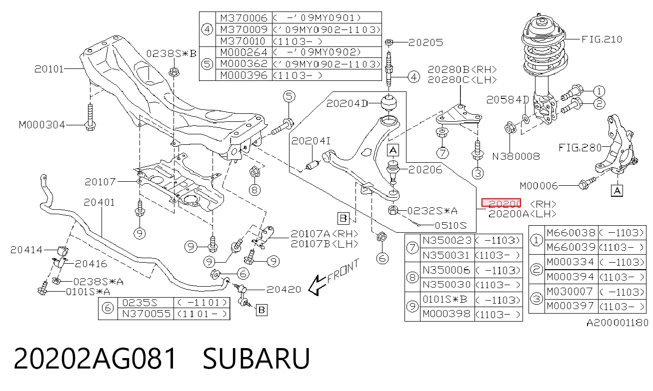 20202AG081 Subaru Wahacz zawieszenia przedniego dolny prawy