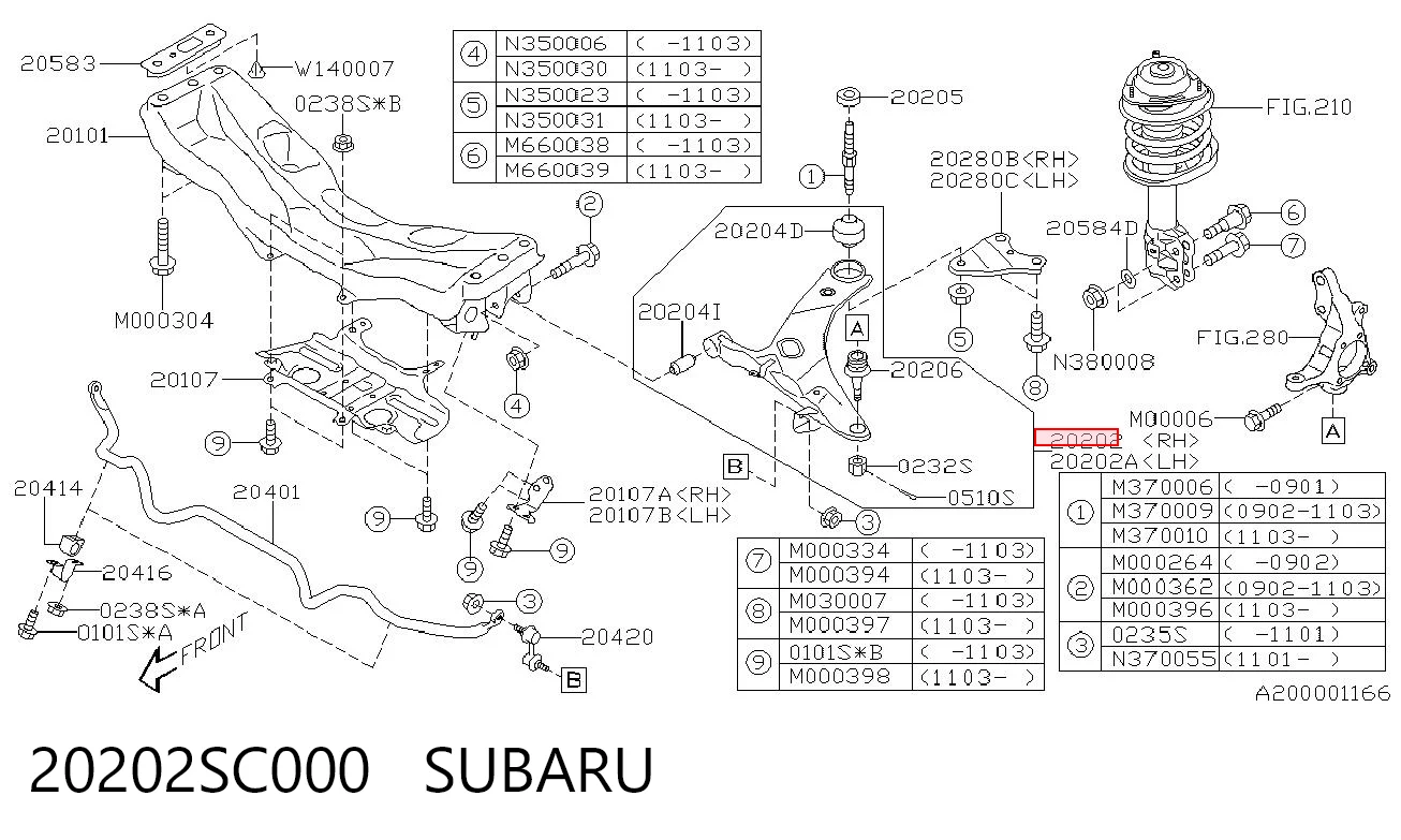 20202SC000 Subaru Wahacz zawieszenia przedniego dolny prawy