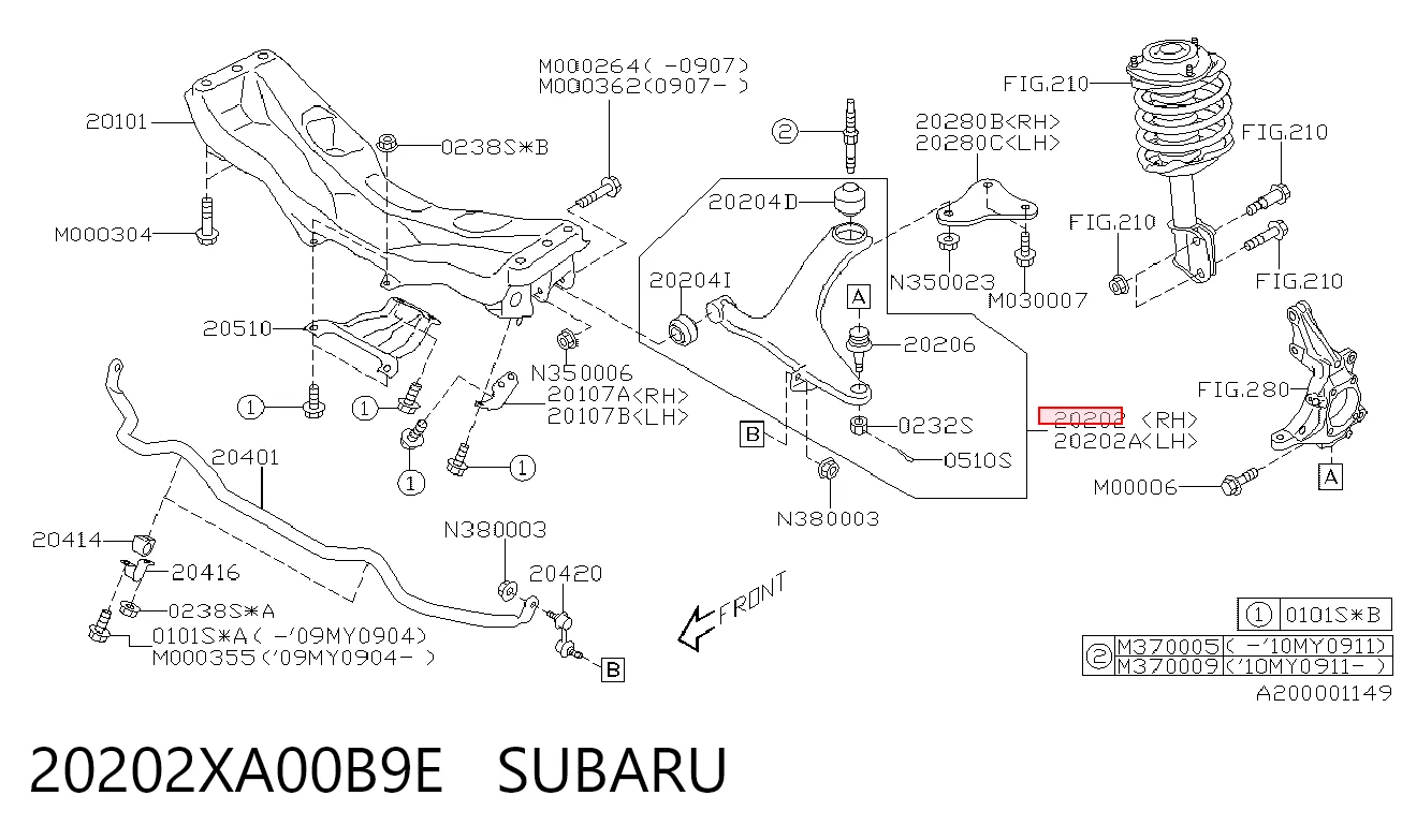 20202XA00B9E Subaru Wahacz zawieszenia przedniego dolny prawy