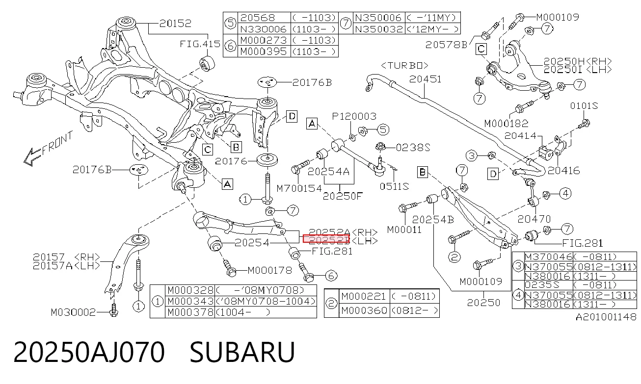 20250AJ070 Subaru Drążek podłużny zawieszenia tylnego lewy