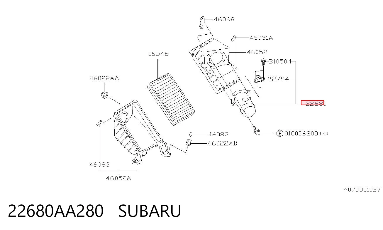 22680AA280 Subaru Czujnik przepływu powietrza, przepływomierz powietrza M.A.F.