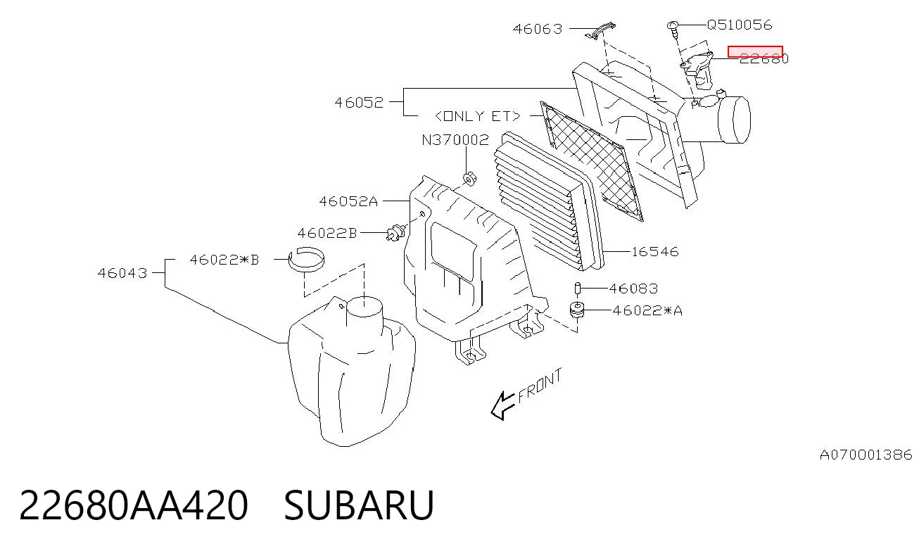 22680AA420 Subaru Czujnik przepływu powietrza, przepływomierz powietrza M.A.F.