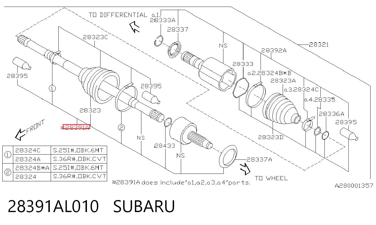 28391AL010 Subaru Półoś napędowa przednia lewa