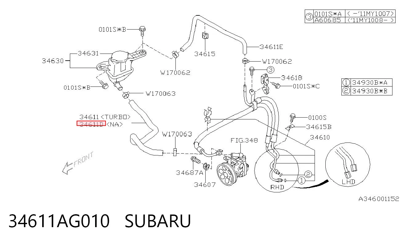 34611AG010 Subaru Przewód hydraulicznego układu wspomagania niskiego ciśnienia, od zbiornika do pompy