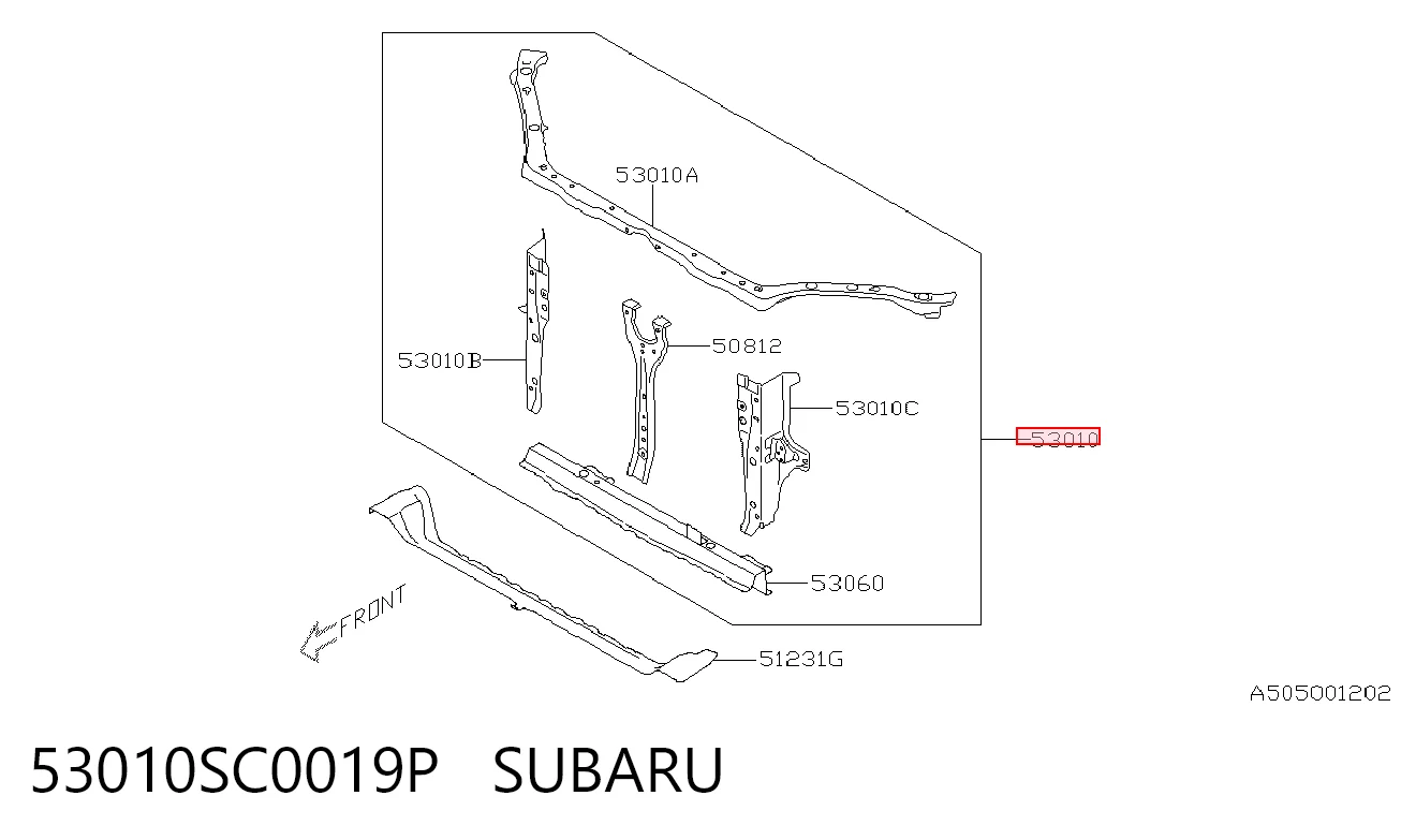 53010SC0019P Subaru Osłona chłodnicy kompletna (panel mocowania reflektorów)