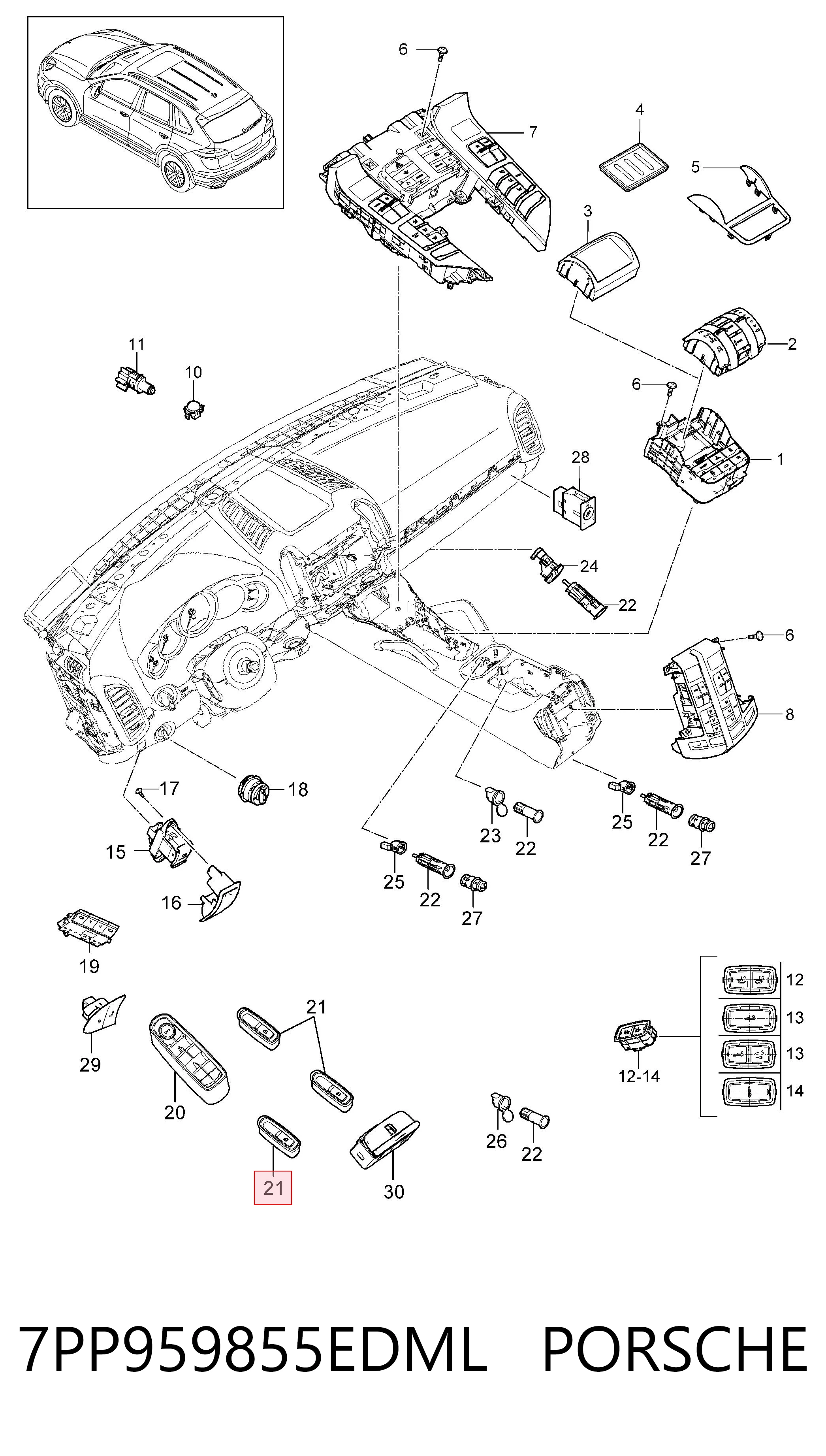 7PP959855EDML Porsche Włącznik przyciskowy podnośnika szyby przedni prawy