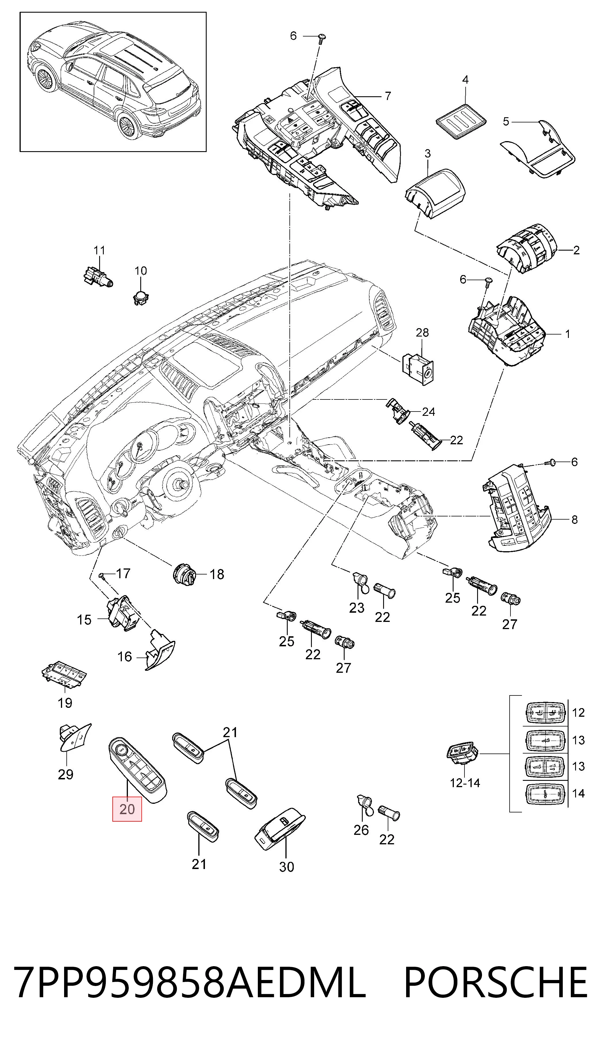7PP959858AEDML Porsche Panel przyciskowy sterowania podnośnikiem szyby przedni lewy