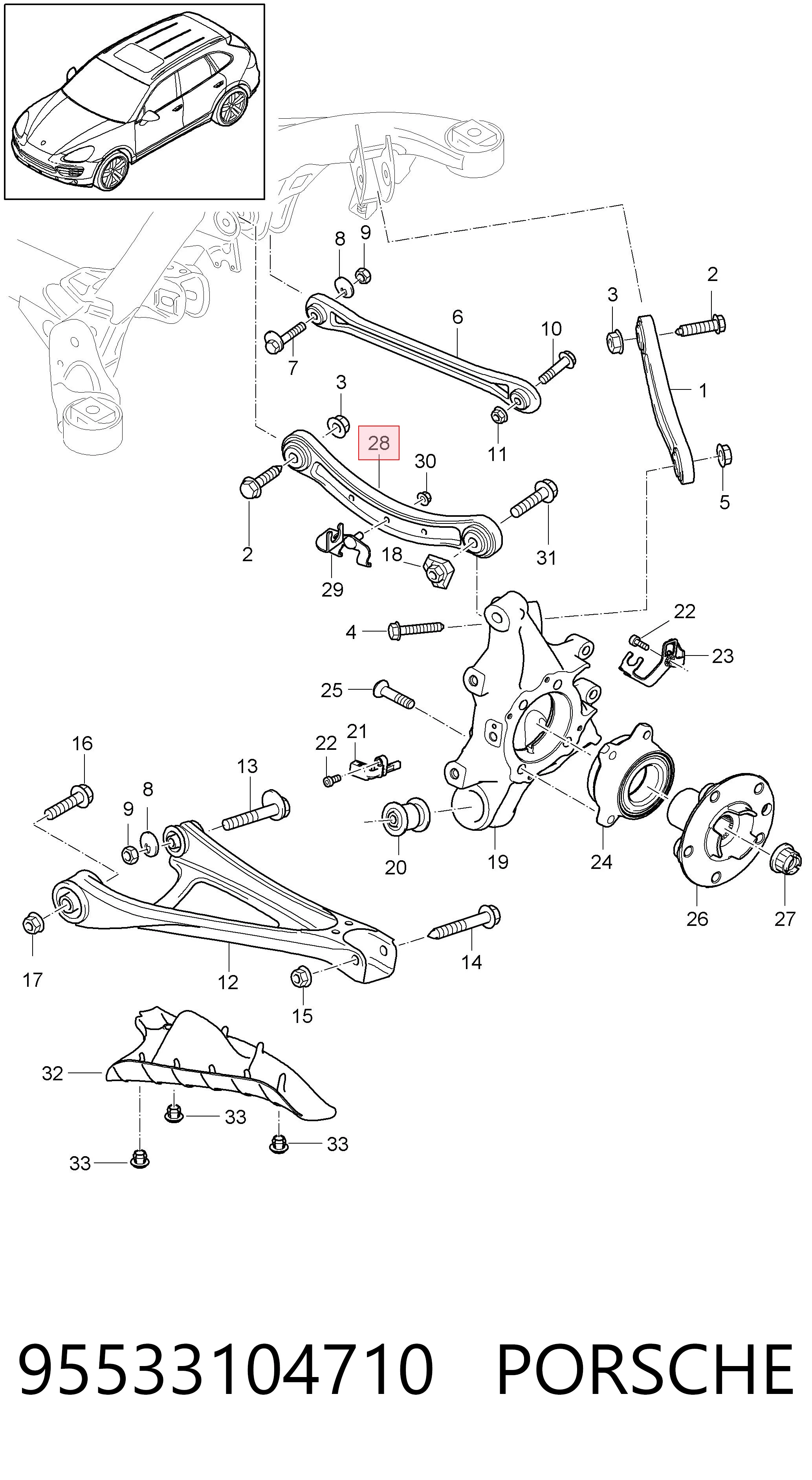 95533104710 Porsche Wahacz zawieszenia tylnego górny lewy/prawy