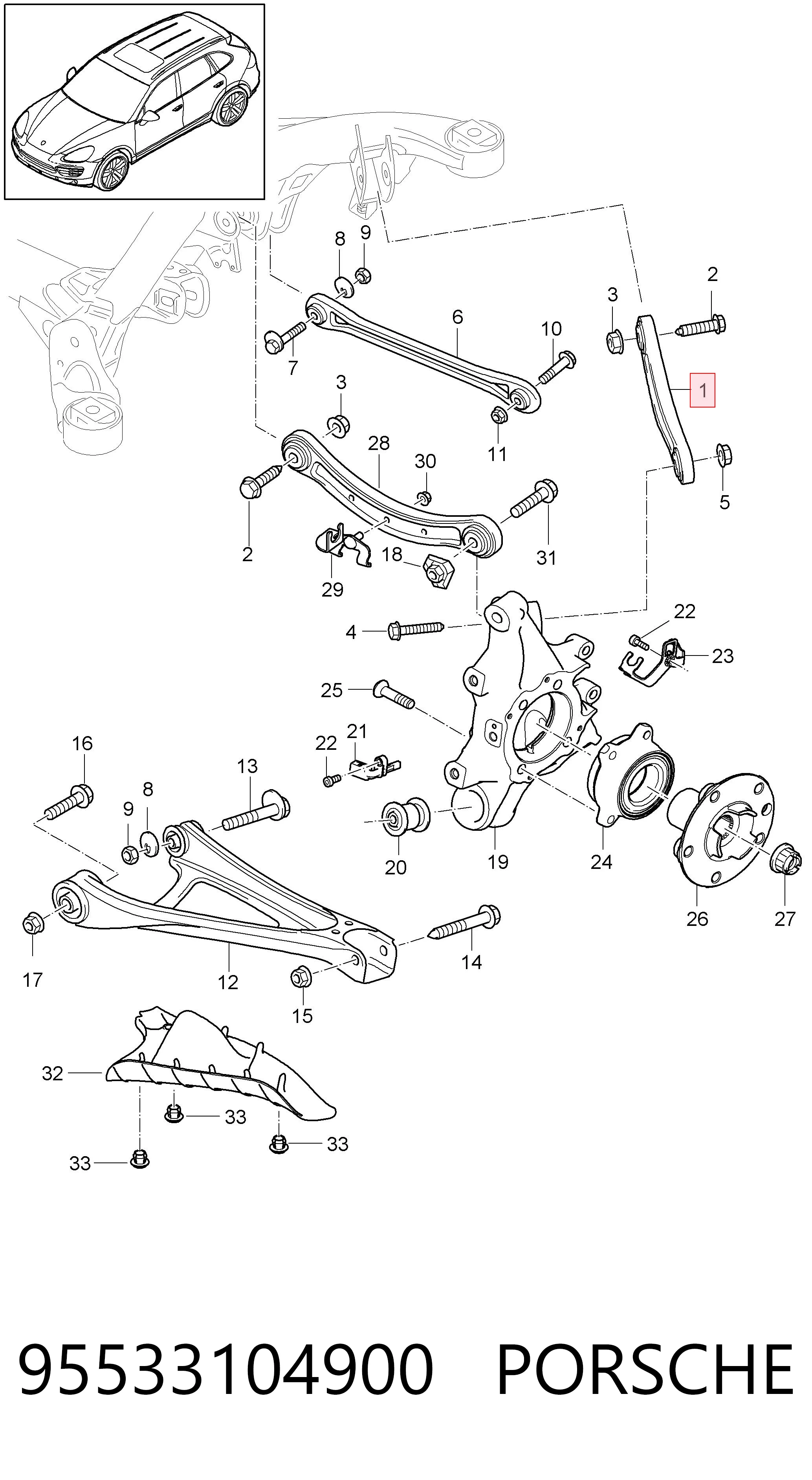 95533104900 Porsche Wahacz zawieszenia tylnego górny lewy