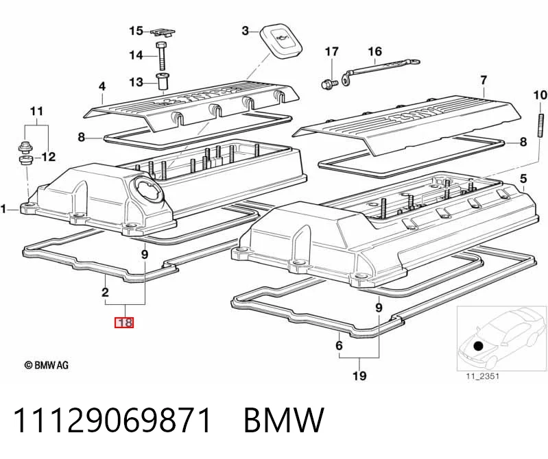 11129069871 BMW Uszczelka pokrywy zaworowej silnika, zestaw dla prawej strony