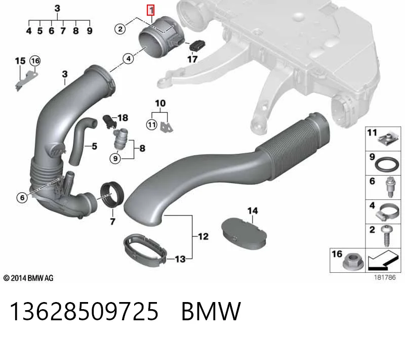 13628509725 BMW Czujnik przepływu powietrza, przepływomierz powietrza M.A.F.
