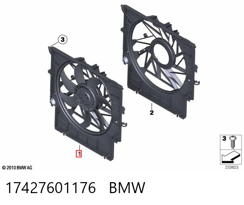 17427601176 BMW Dyfuzor chłodnicy, w komplecie z silnikiem i wirnikiem