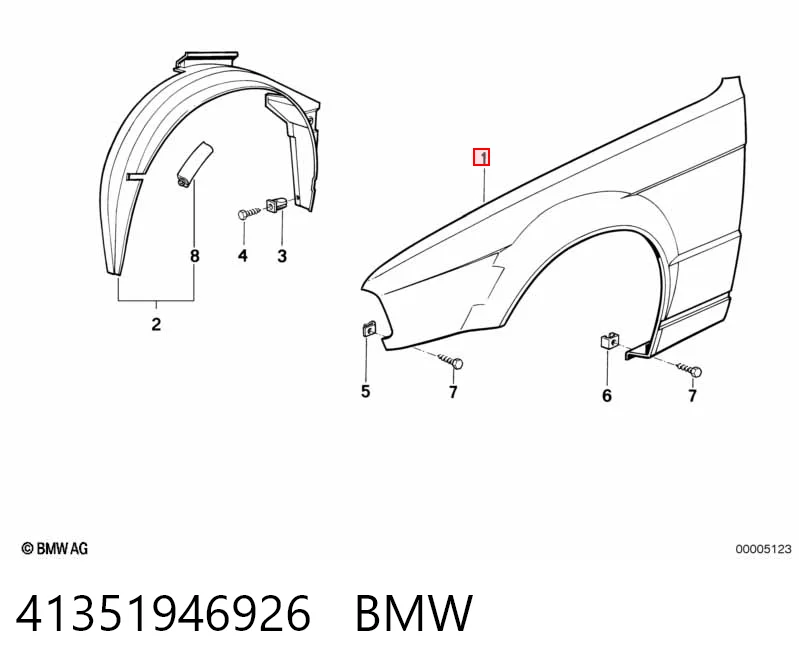 Błotnik przedni prawy BMW 5 sedana (E34) (1987 - 1995) cena, od 70,02 USD