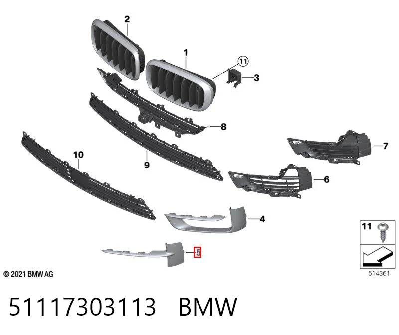 51117303113 BMW Listwa ochronna kratki zderzaka przedniego lewa