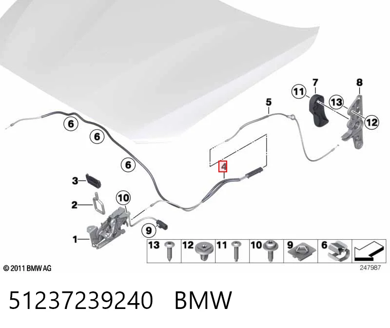 51237239240 BMW Linka otwierania maski przednia