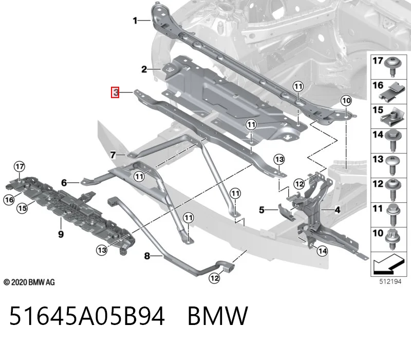 51645A05B94 BMW Osłona chłodnicy górna (panel mocowania reflektorów)