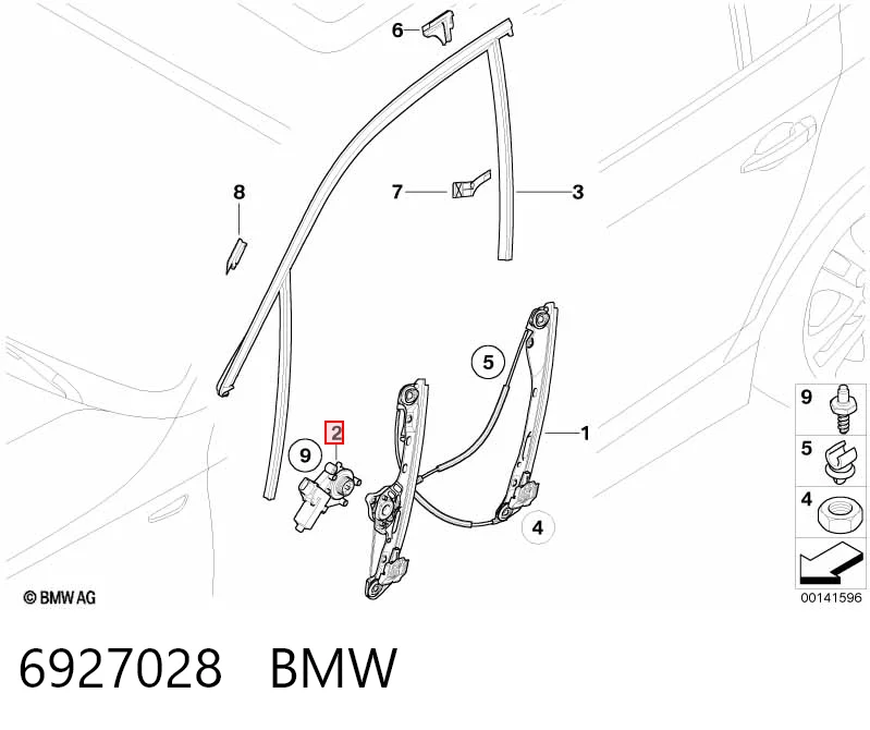 6927028 BMW Silniczek podnośnika szyby drzwi przednich prawych