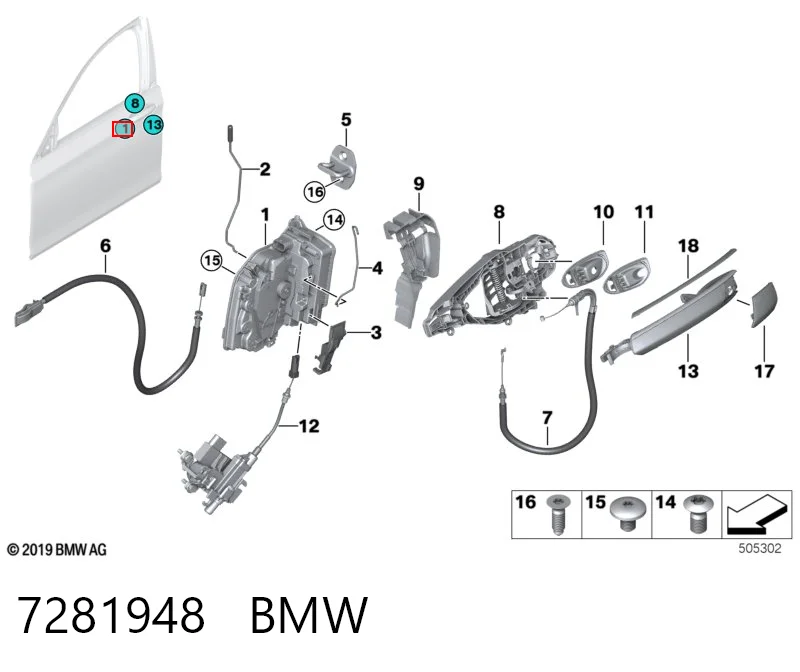 7281948 BMW Zamek drzwi przednich prawych